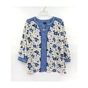 Talbots Top Women Petite Large Blue Ditsy Floral Popover Shirt Tunic Coastal